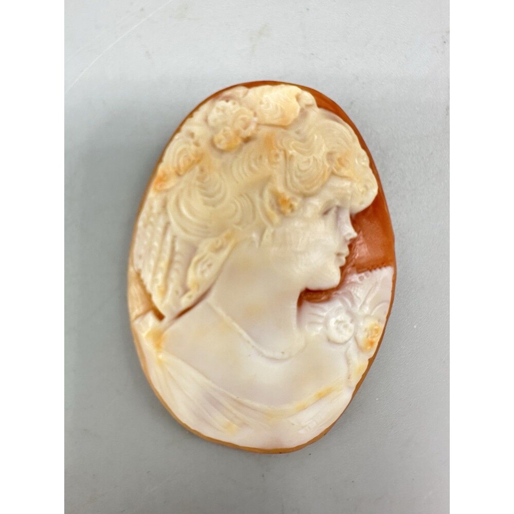Vtg 1-3/4” Carved Shell Oval Cameo Beautiful Right Facing Woman Detailed Loose
